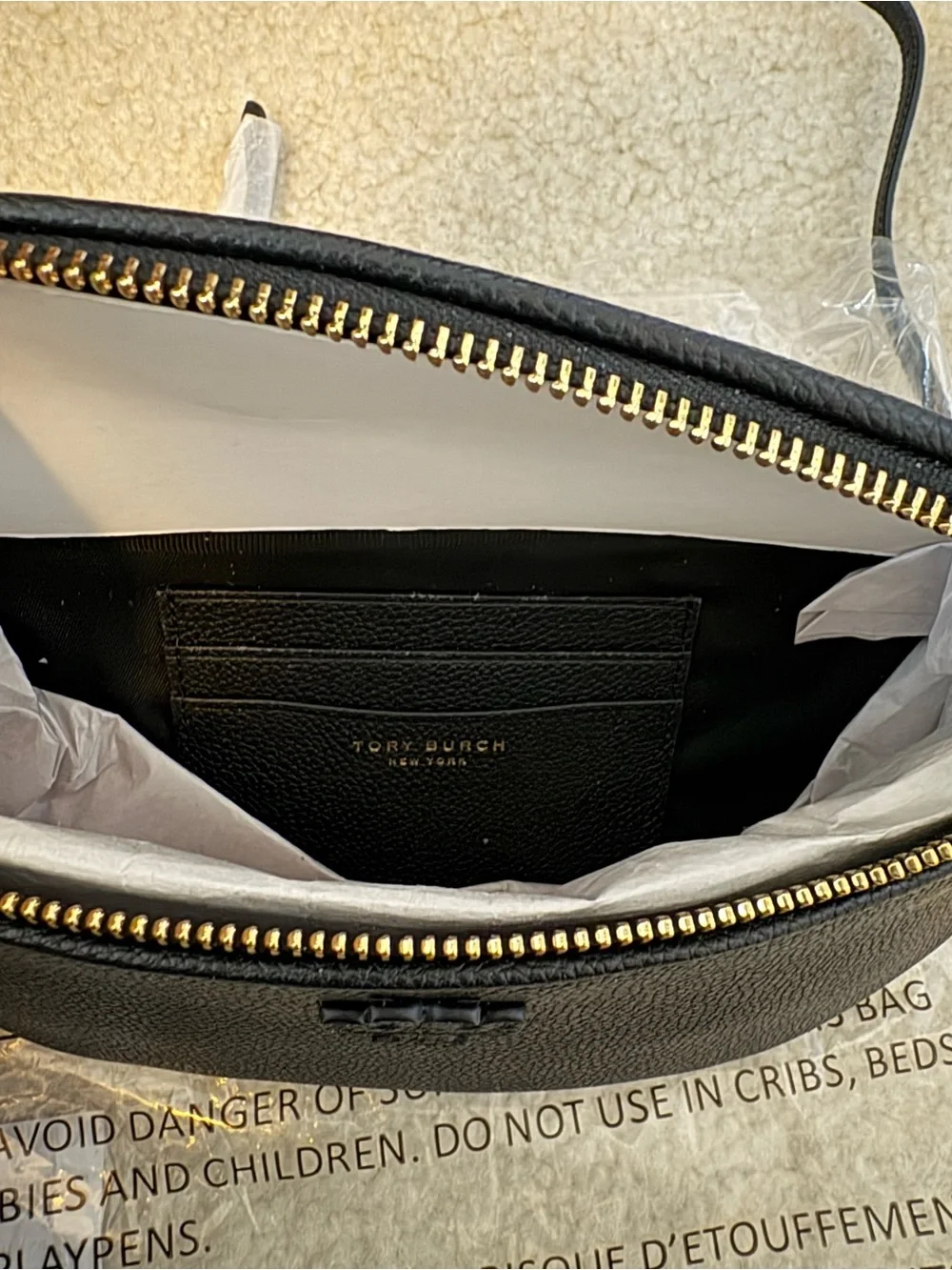 Tory Burch Black Thea Bag Pebbled Leather Crossbody Belt Bag with Gold Hardware